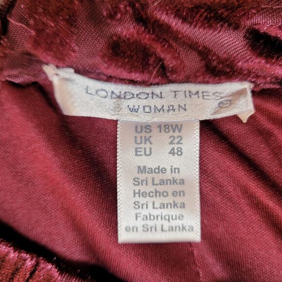 London Times Dress 18W Burgundy Lined Burnout Velvett Flare Midi Modest Grandma - Picture 6 of 9